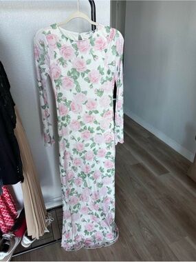 Long White Maxi Dress with Pink Rose Floral Print